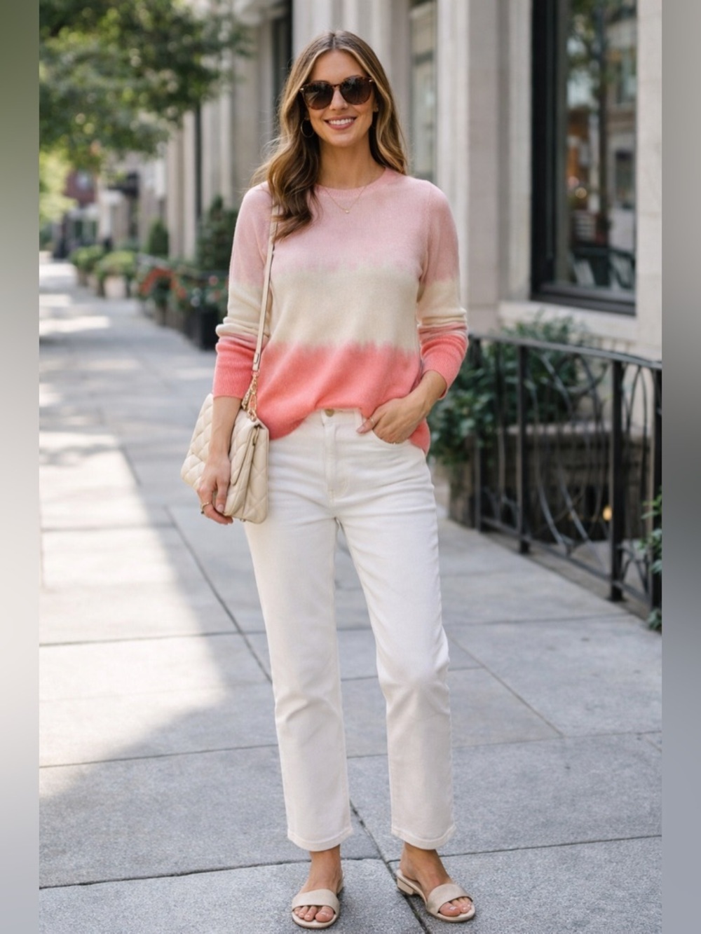 Vineyard Vines Ombre Crewneck Cashmere Sweater in Pink, Cream and Coral XS